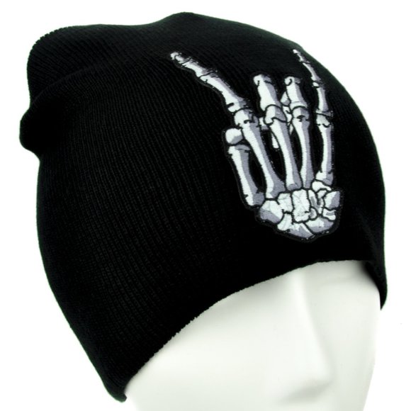 Skeleton Hand Horns Up Black & White Beanie Knit Cap Hat Punk Emo Grunge Metal - Picture 2 of 9